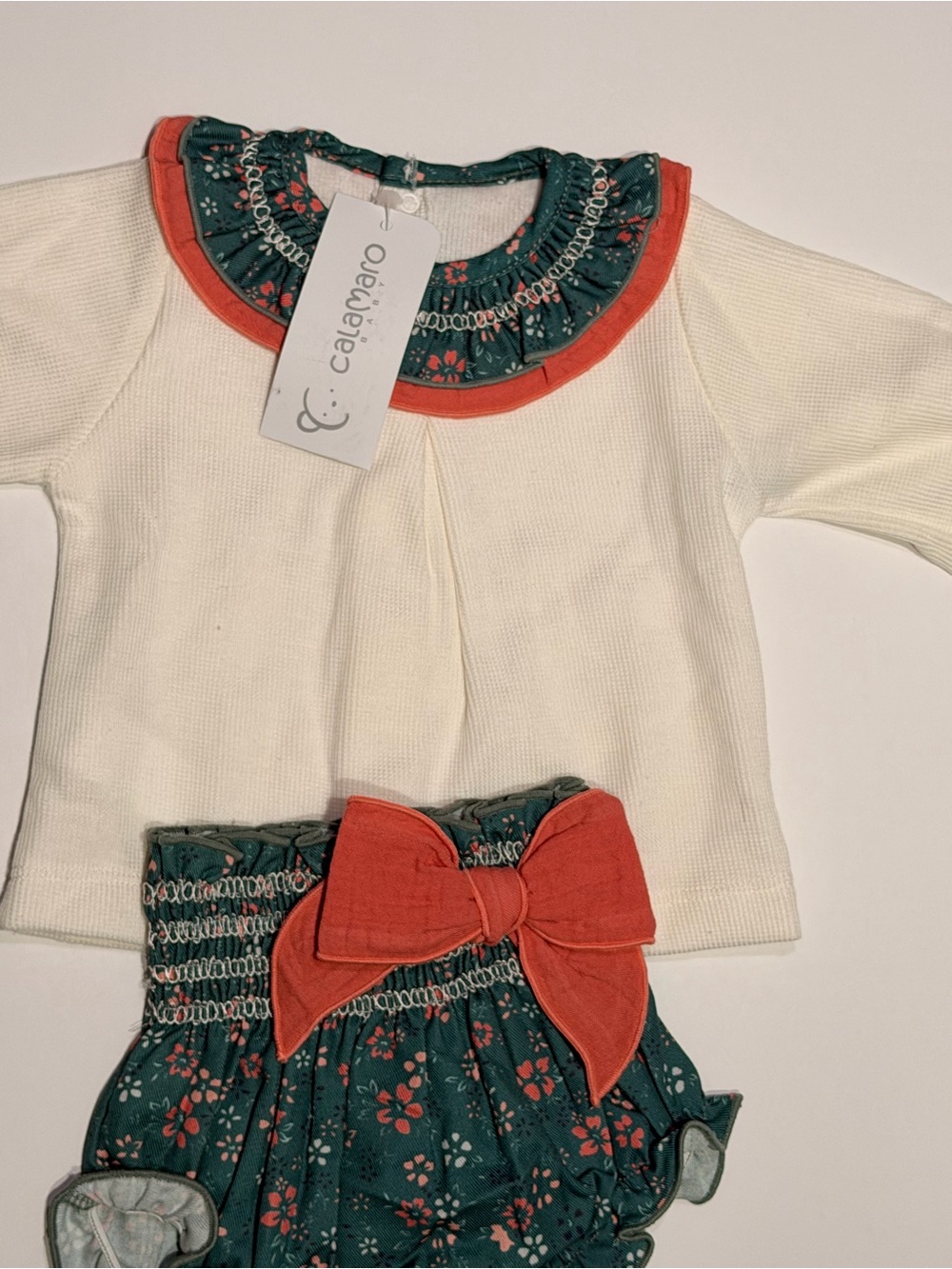Alamar Cream Top & Green Floral Bloomers Set with Coral Trim